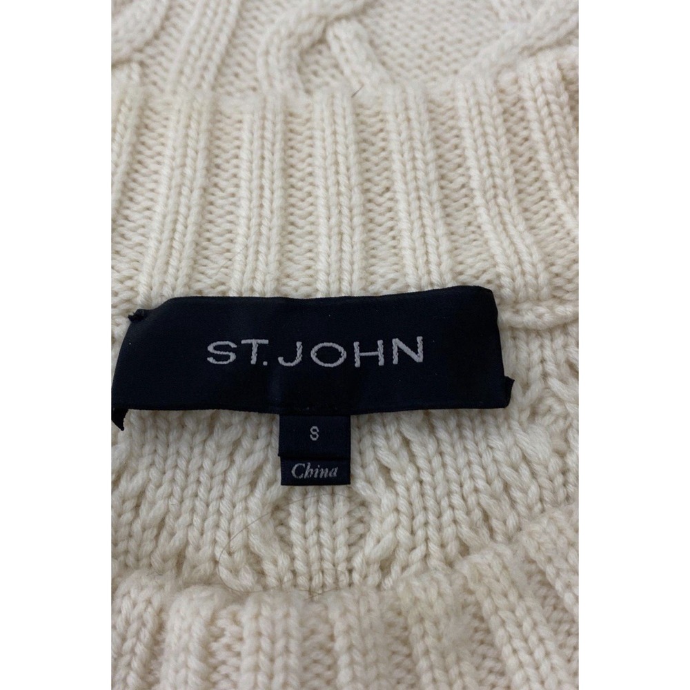 ST. JOHN 100% Wool Cable Knit Sweater Tunic Ivory Cream Mock Neck Small S - Picture 3 of 4